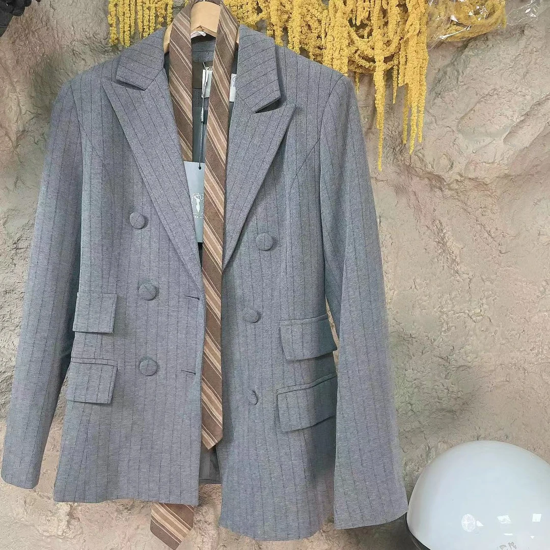 48-中长款女双排扣轻熟通勤西装外套秋冬条纹格子灰色