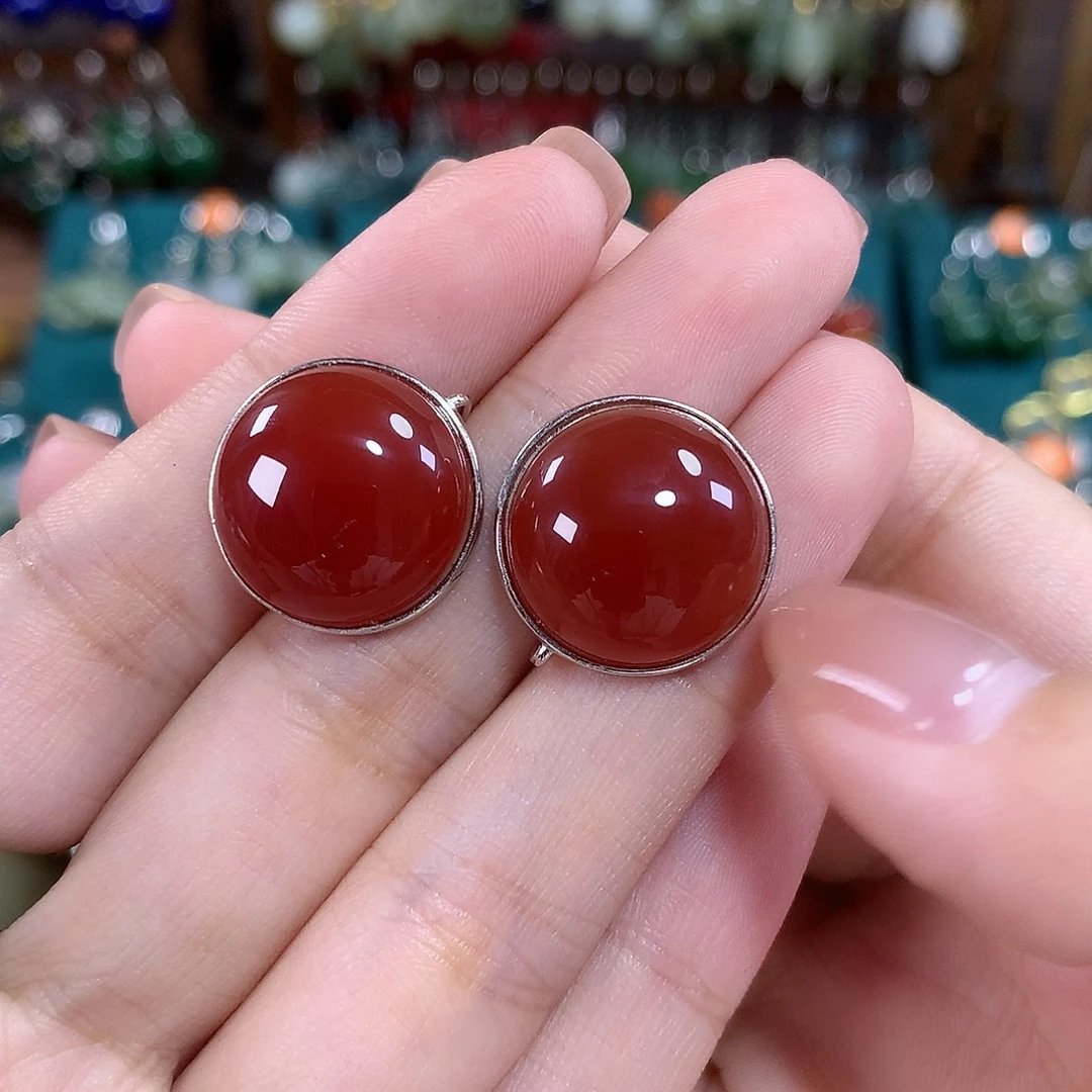 玛瑙/玉髓银S925镶嵌耳饰卡17.7左