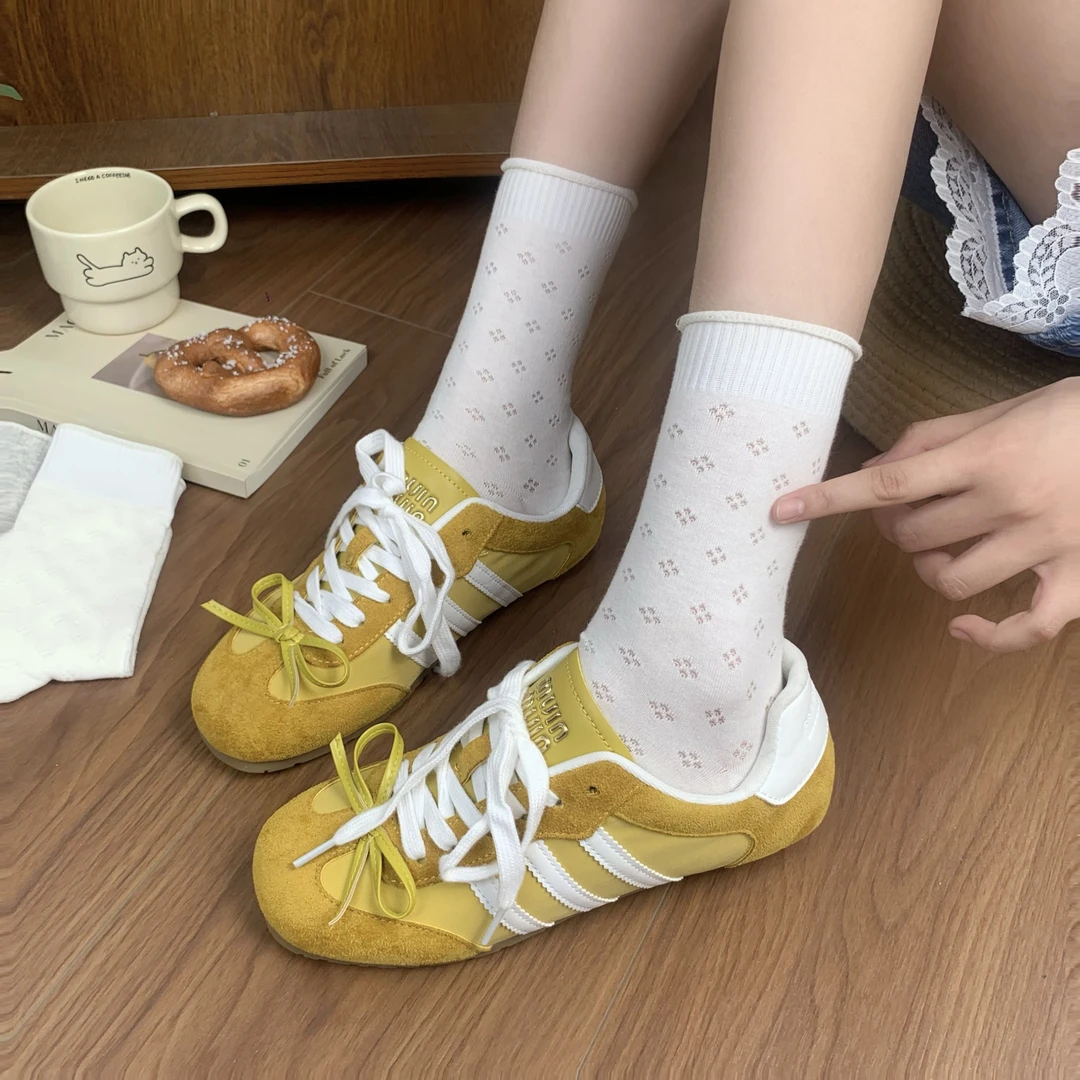 miu系袜子女花边四叶草中筒女生袜子夏季薄款镂空网眼透气堆堆袜