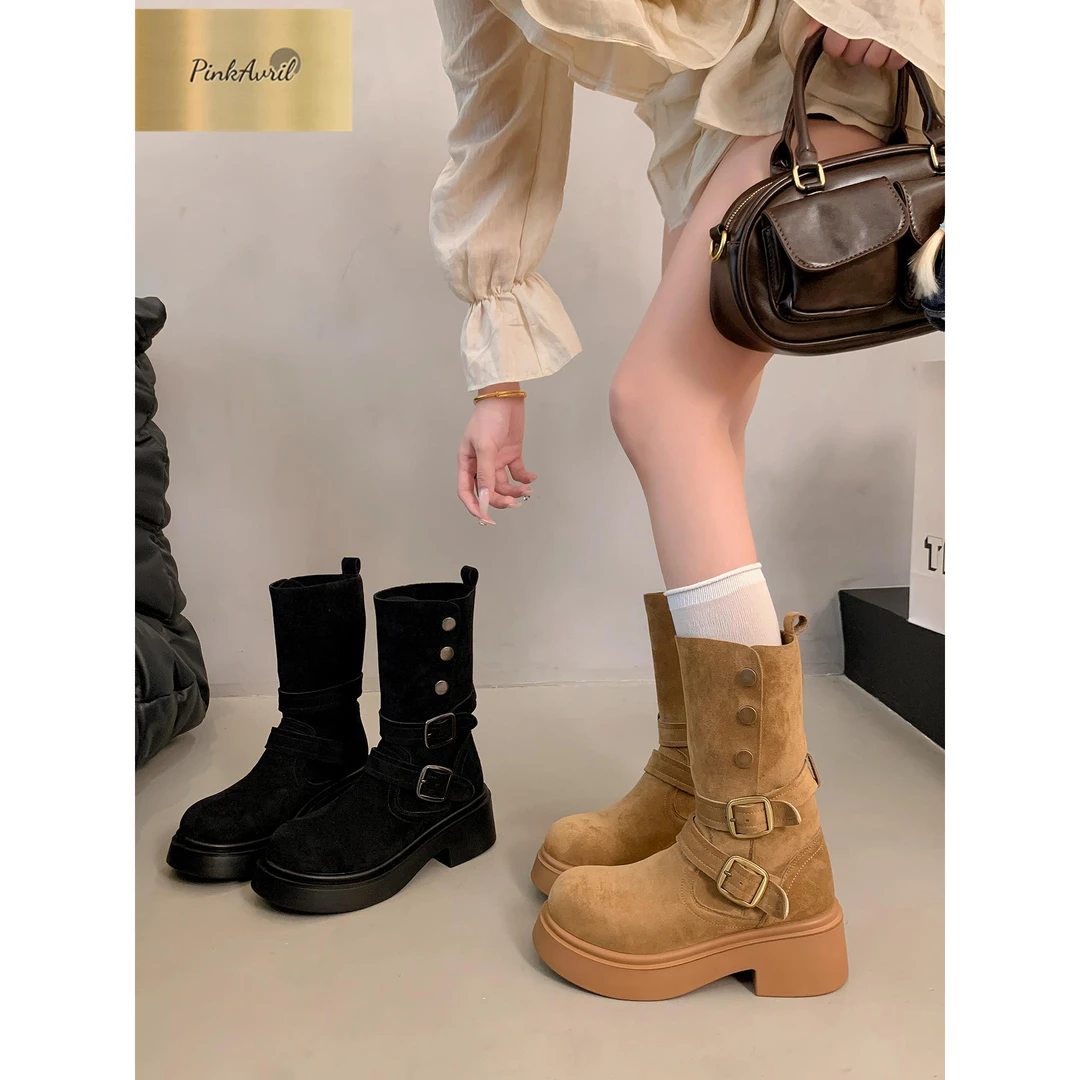 PinkAvril超火皮带扣翻折中筒短靴女款2025秋冬新款西部单靴直筒