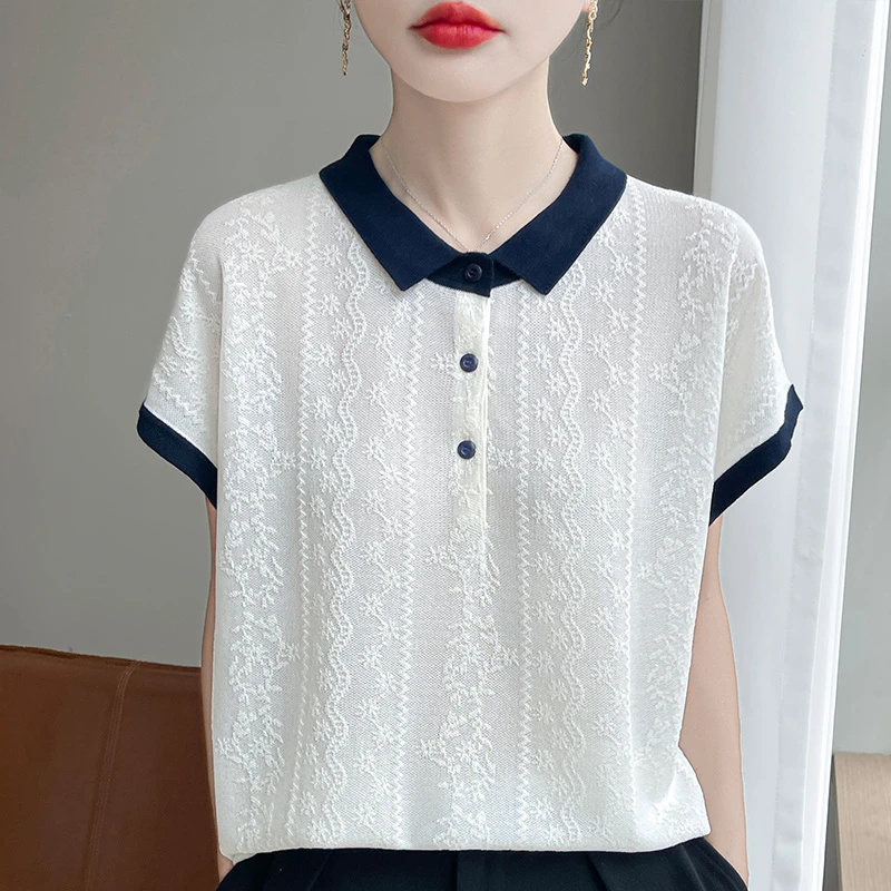 拼色小翻领短袖女夏季新款POLO领针织小衫032-YLL