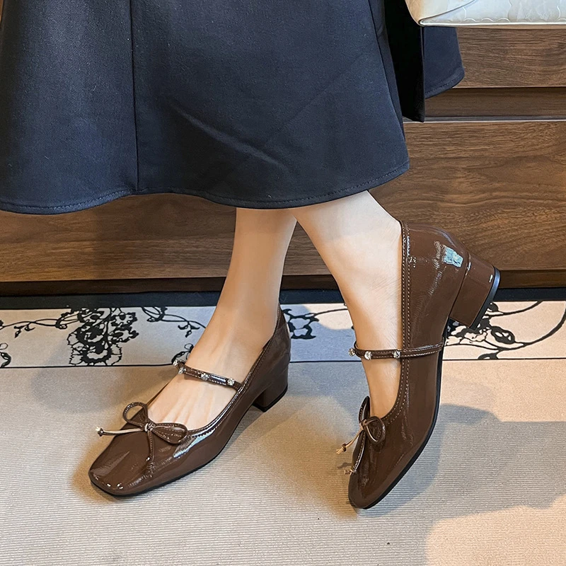 3厘米粗跟 水钻一字带方头玛丽珍女鞋2025年春季单鞋蝴蝶结