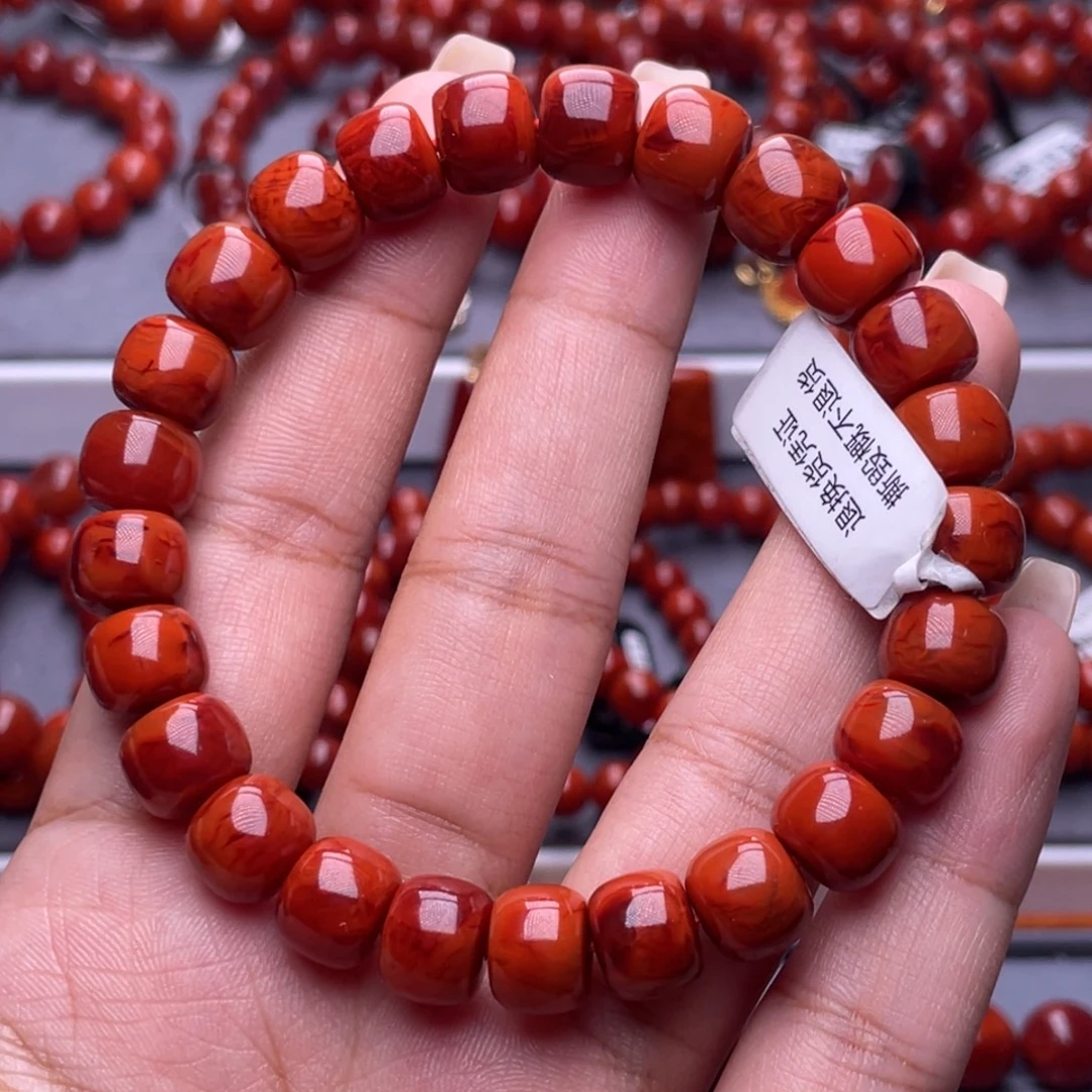 南红玛瑙未镶嵌其他收藏级9.7mm瓦西玫红火焰纹满肉老型手串