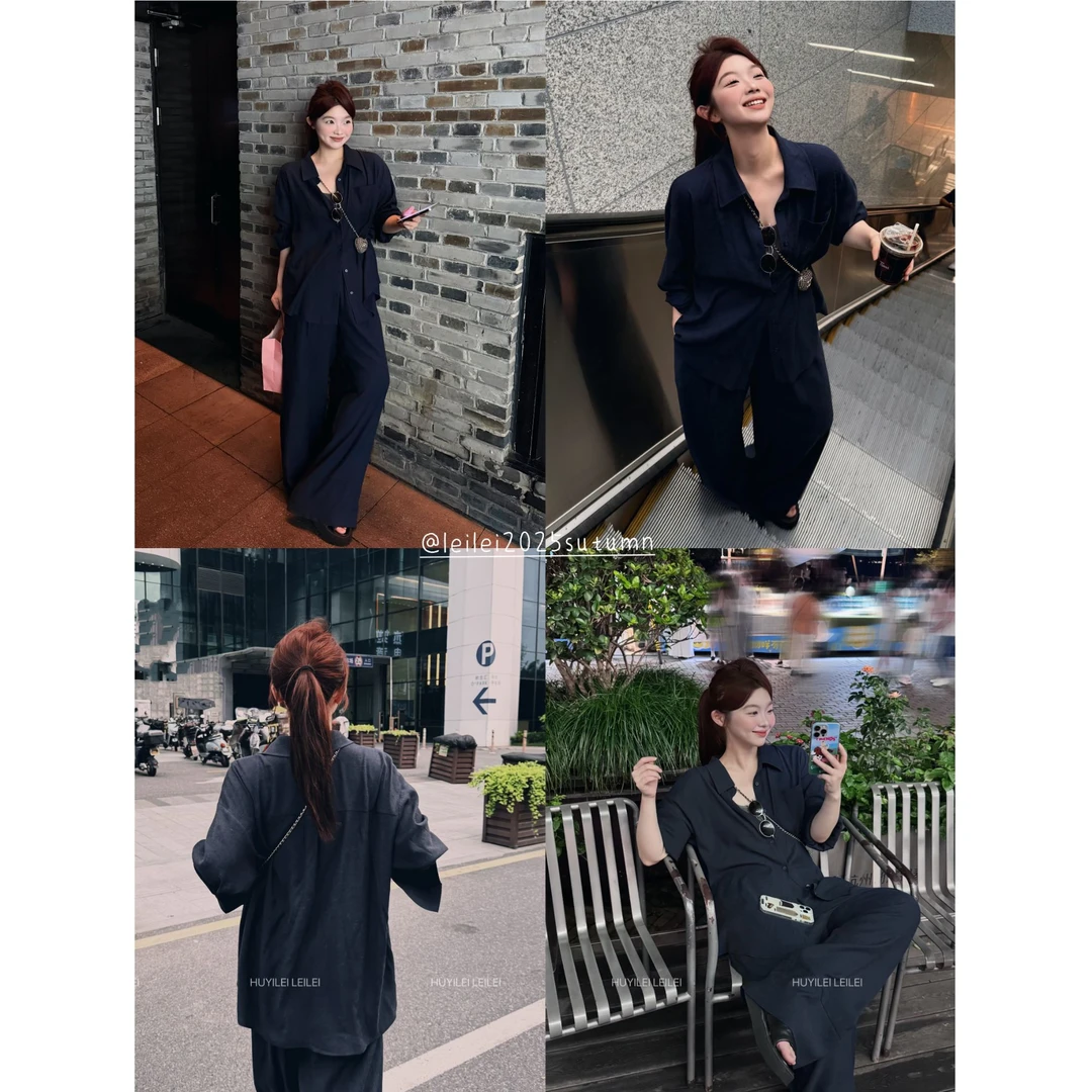 晶咕【洒脱女主】胸前大口袋翻领长袖外套+全松紧高腰抽绳阔腿腿