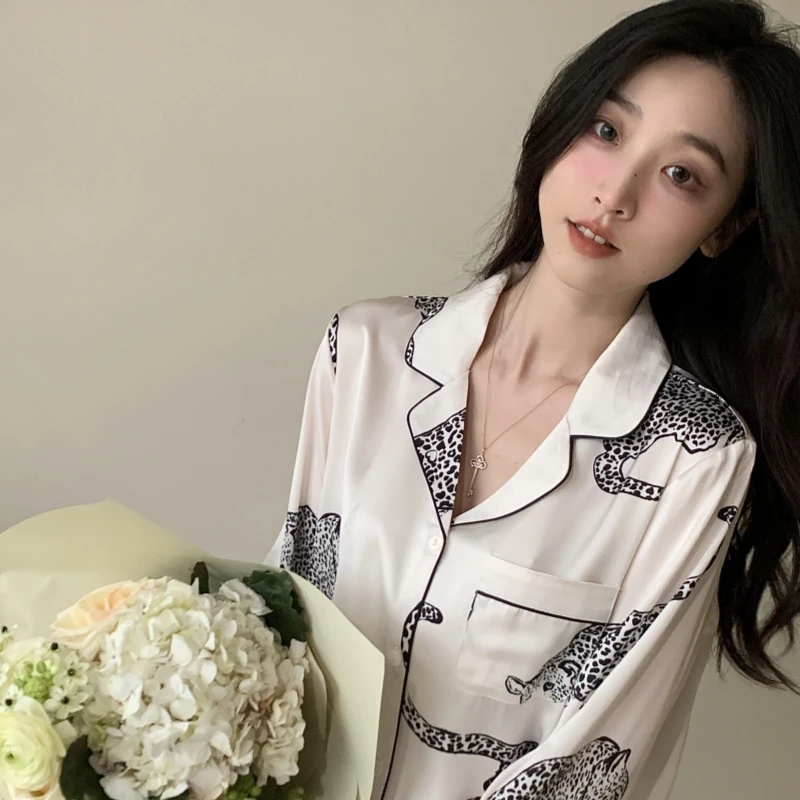 【SS专属】金钱豹长袖长裤家居服套装时尚春夏季休闲薄款女士睡衣