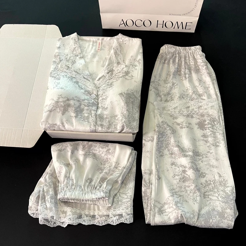 冰雪丝睡衣女春秋季带胸垫短袖长裤大码凉感国风三件套夏天家居服