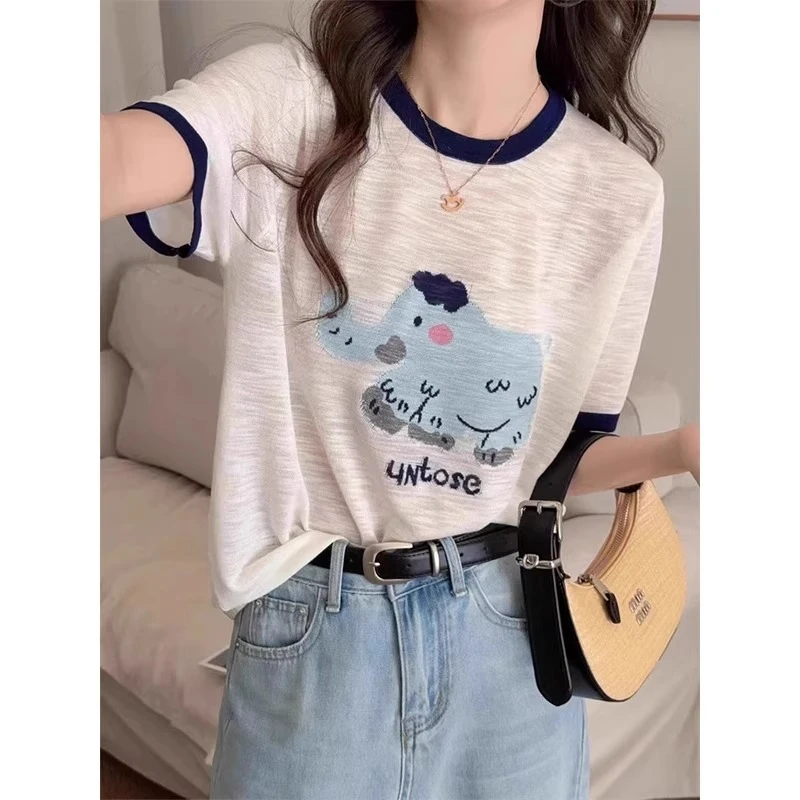 芯娇晴冰丝撞色短袖T恤女夏2025新款薄款针织衫宽松显瘦圆领上衣