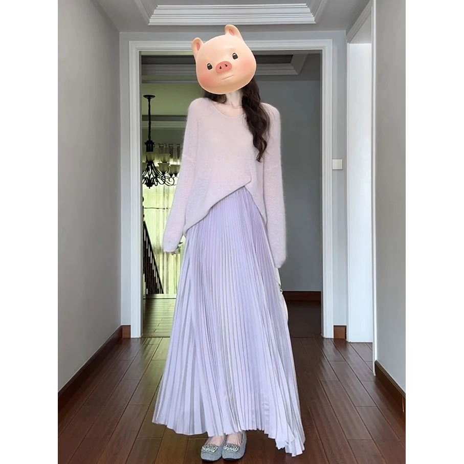 春款宽松慵懒风V领遮肉套头毛衣套装立体裁剪压褶肌理感半身裙