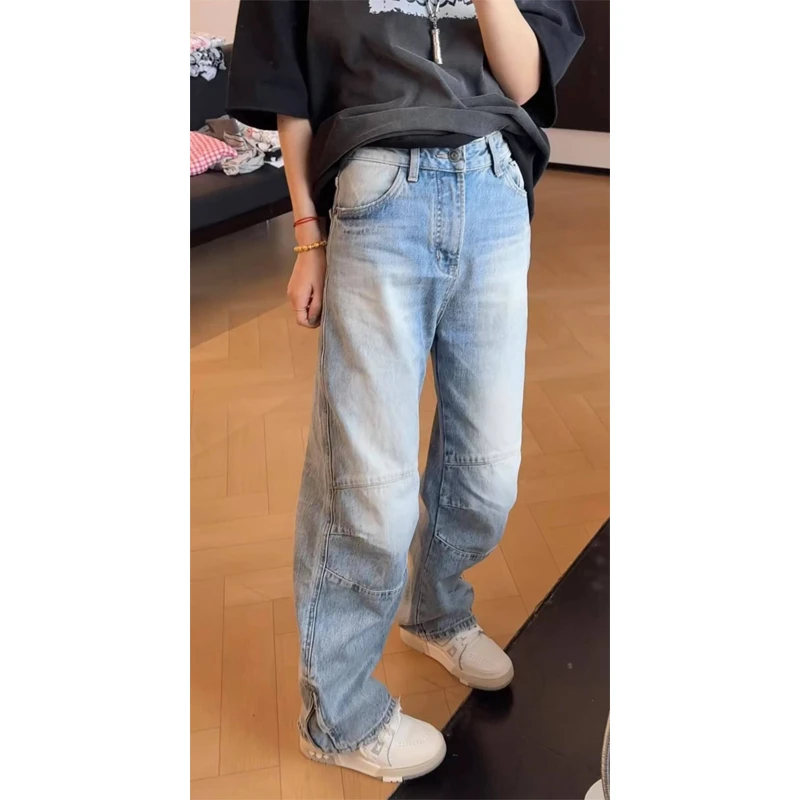 艾塔莉显瘦阔腿牛仔裤子女春季新款胖mm梨形大码宽松弯刀裤小个子