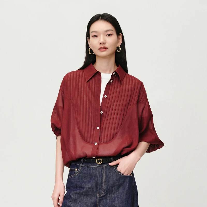 EP雅莹新款女装 宽松直身通勤安格拉红仿麻压褶衬衫2106A