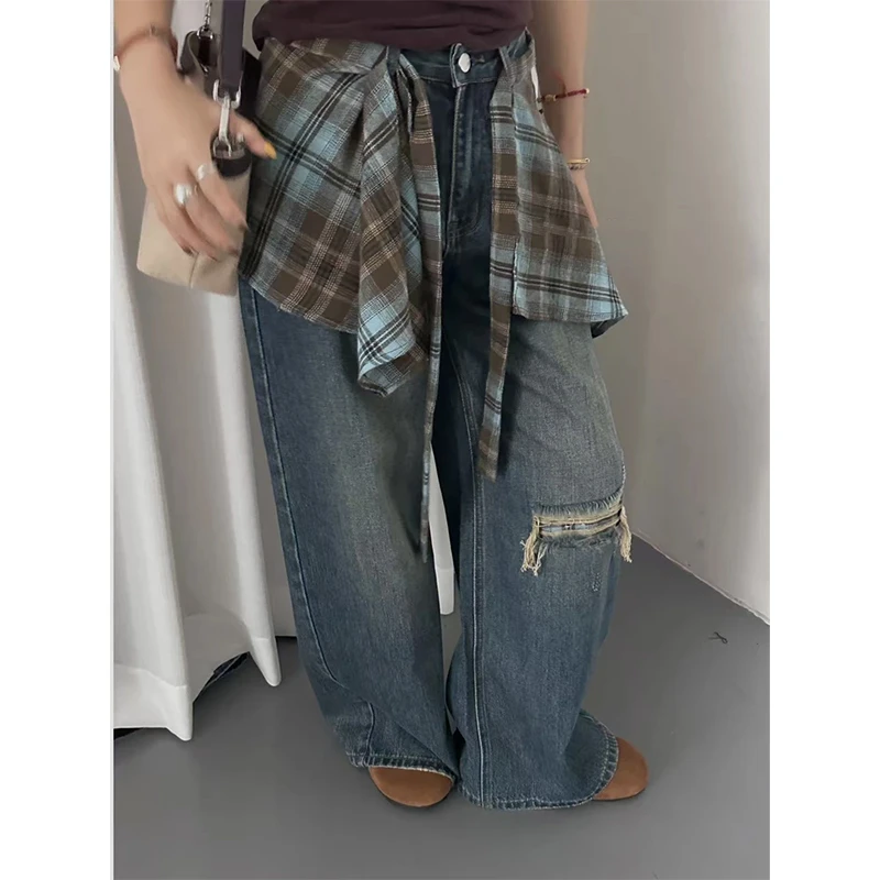 美式做旧屁帘破洞牛仔裤女秋季2025新款高腰宽松直筒阔腿拖地裤子