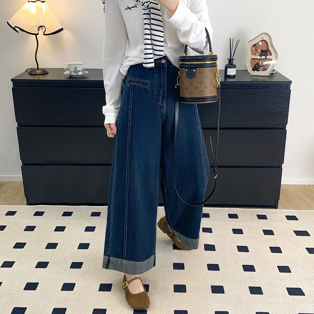 秋季新款深蓝色阔腿牛仔裤女大码胖妹妹mm显瘦高腰弹力宽松牛仔裤