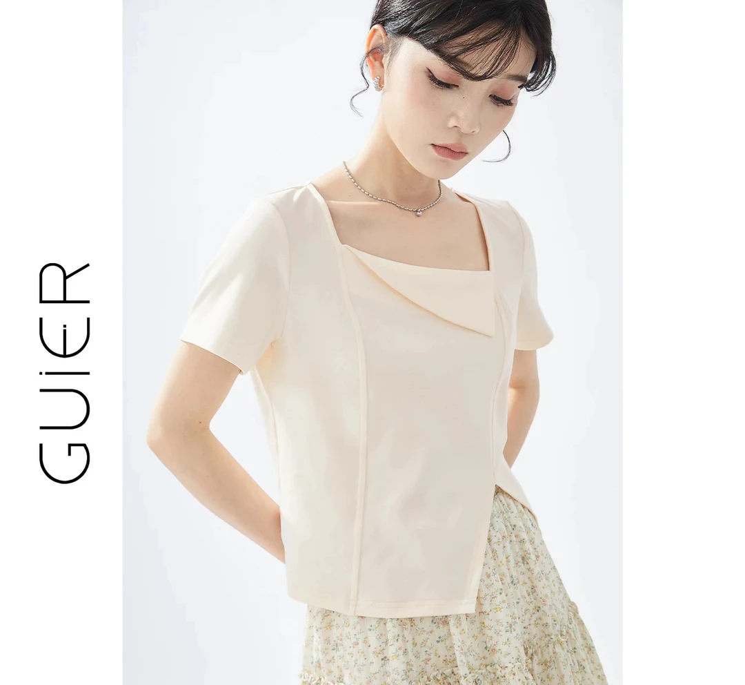 GUIER/桂儿黑色不规则T恤女夏季新款百搭显瘦短袖上衣LJ0088