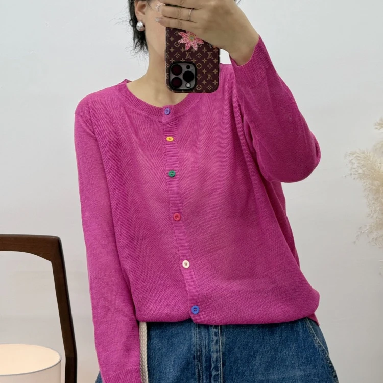 大码女装2025夏季新款圆领冰丝针织开衫简约百搭彩虹扣长袖上衣潮