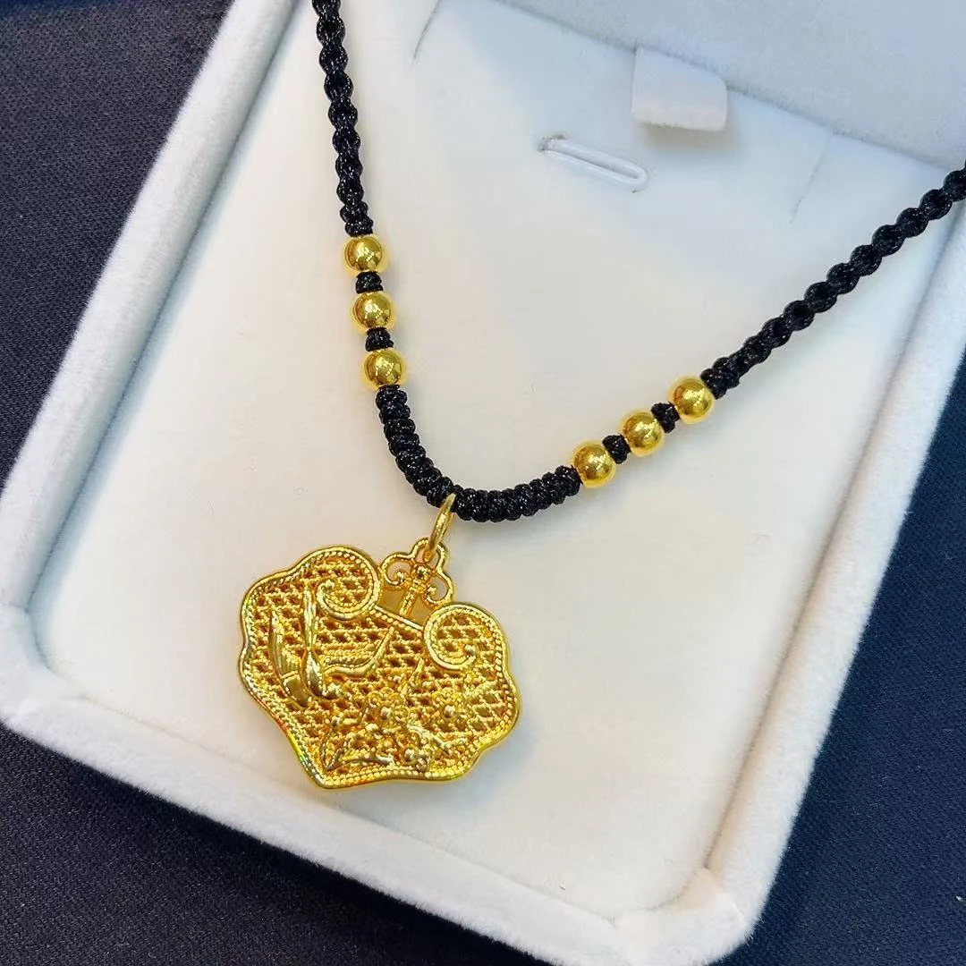足金999喜上眉梢镂空金锁编绳项链