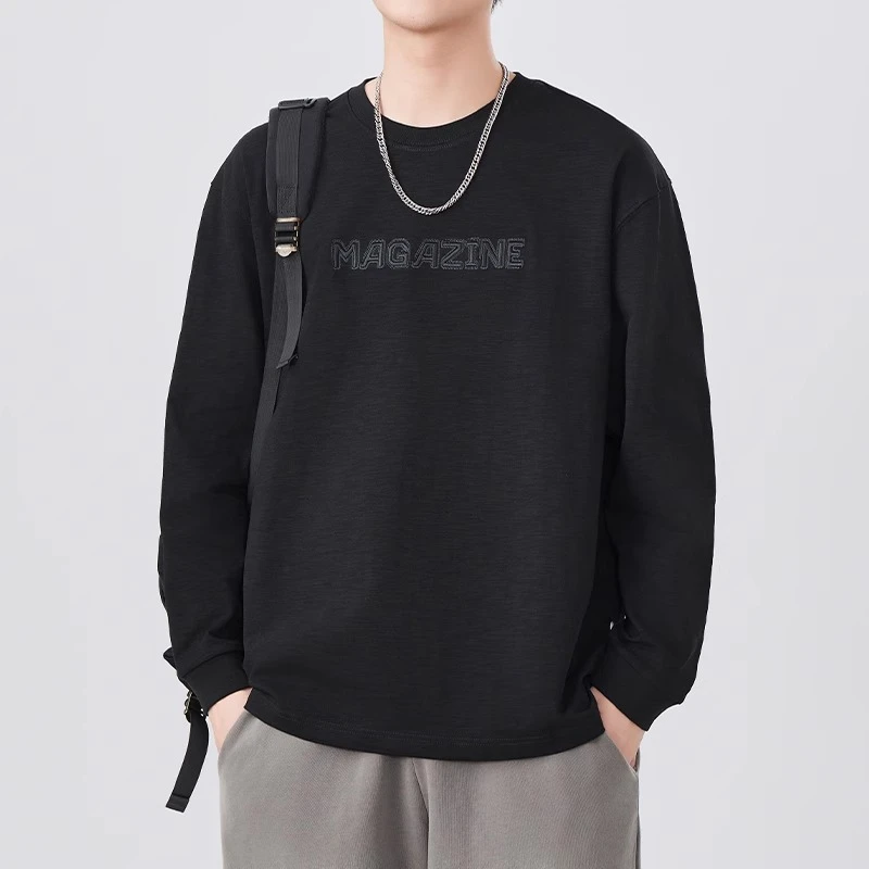 GS美式重磅刺绣长袖t恤男士新款宽松圆领休闲大码内搭打底衫男装