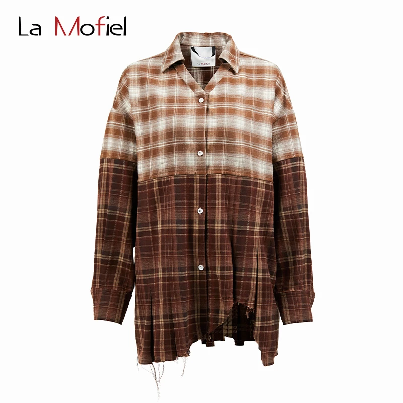 La Mofiel/蓦霏拉绒学院风格子拼接打褶廓形衬衣复古拼色情侣款