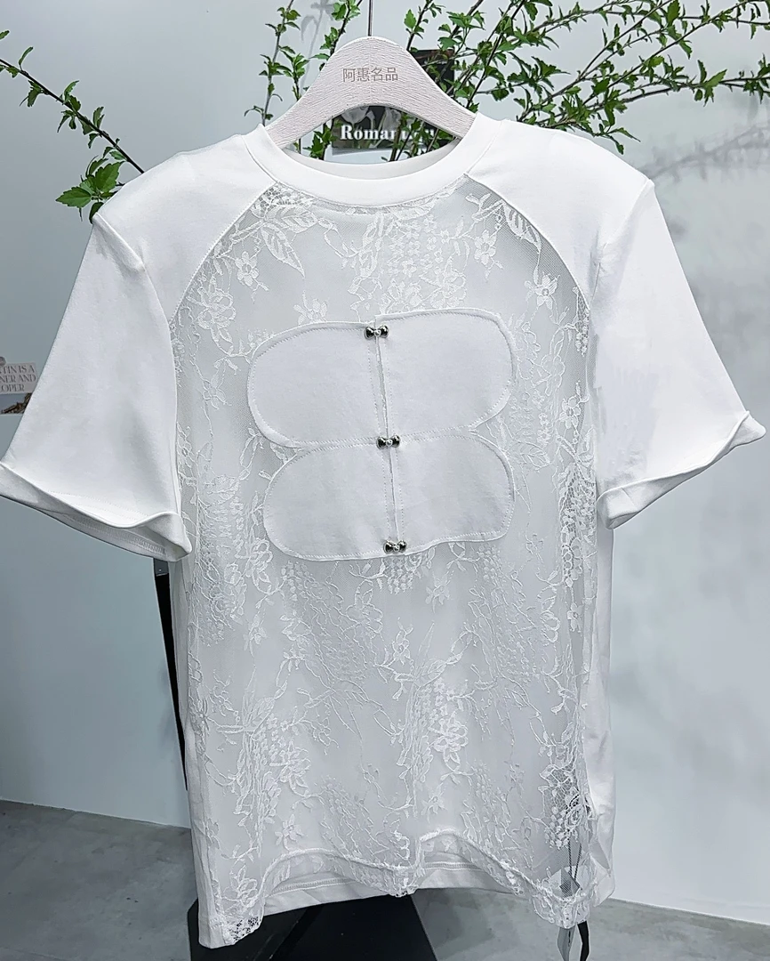 5031短袖#新中式短袖T恤国风2025夏季新款洋气提花蕾丝拼接