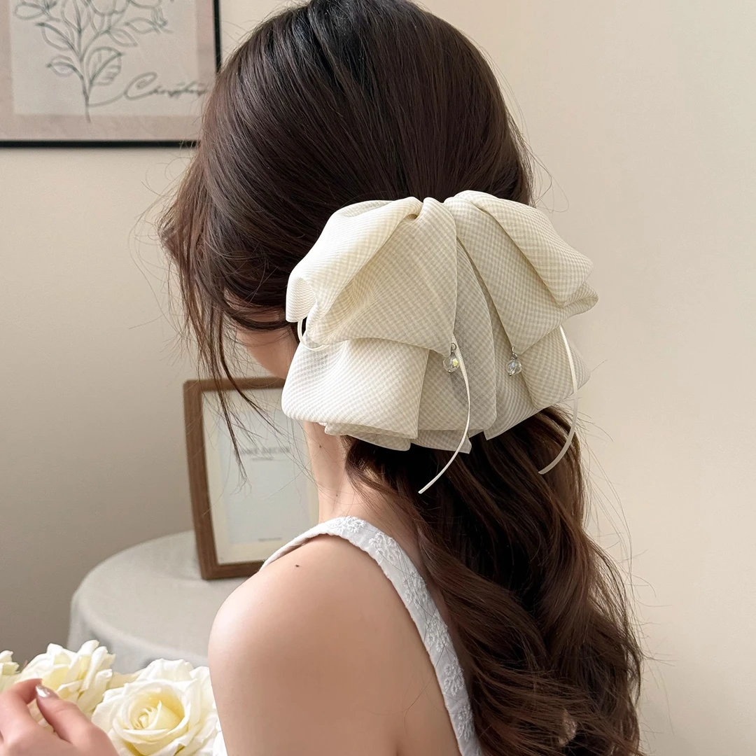 田园风仙女风女日韩森系细格纹轻柔蝴蝶结抓夹发夹优雅超仙百搭