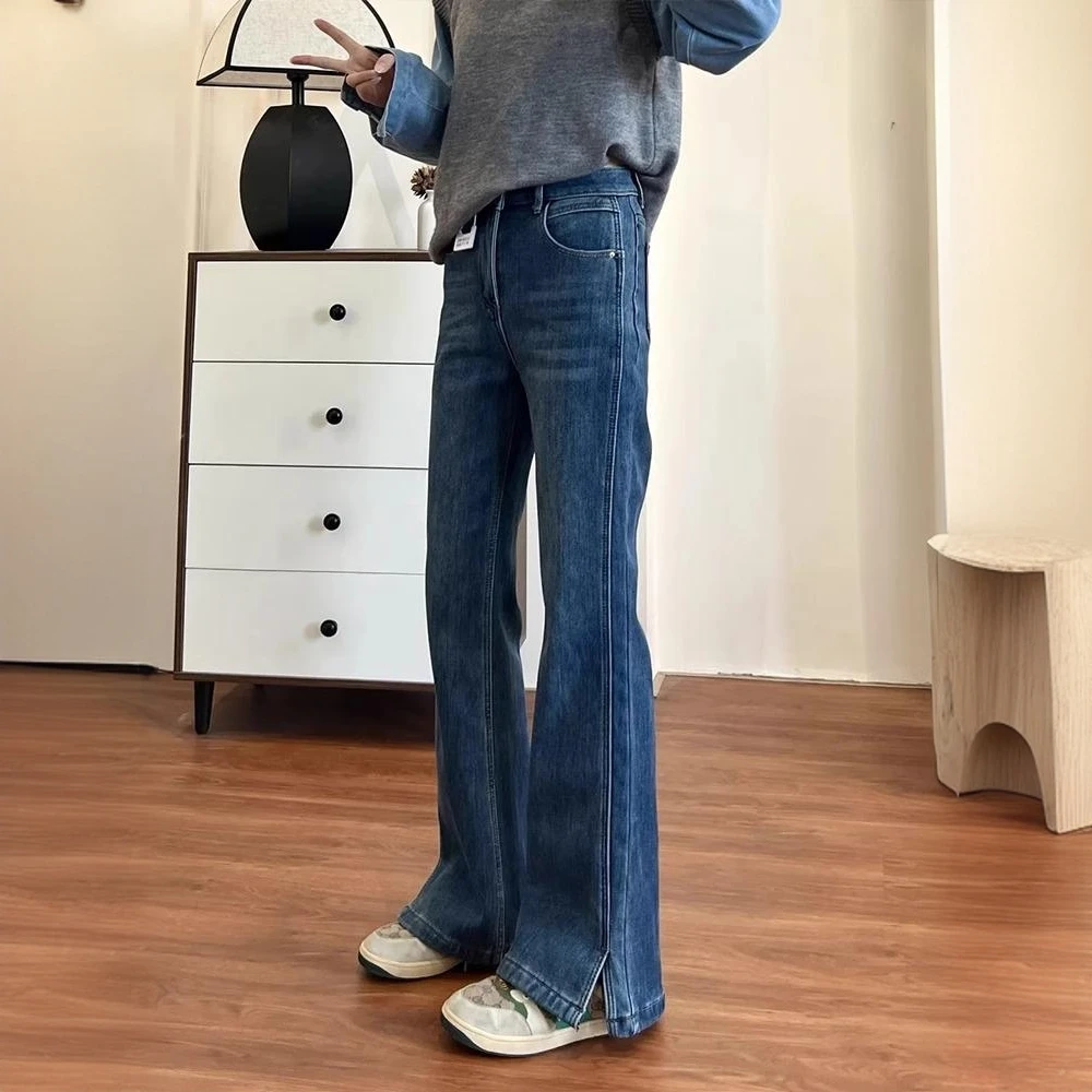 【清仓】5536秋冬开叉高腰微喇牛仔裤女梨形微胖显瘦弹力拖地长裤