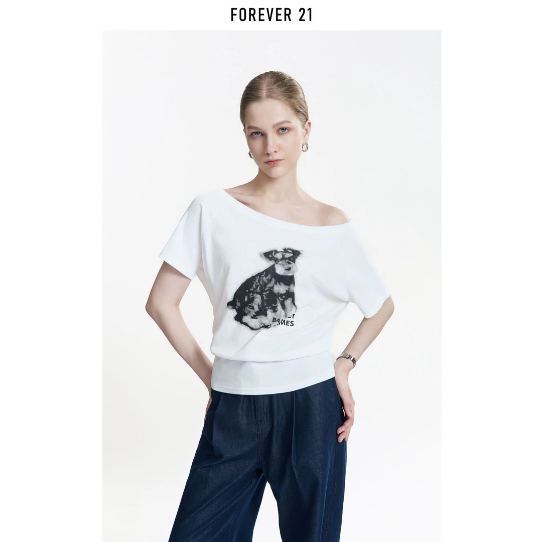 FOREVER 21/永恒 21斜肩一字肩两穿气质风短袖T恤印花图案韩版