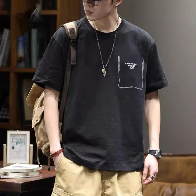 LEIGHZ/雷茨拼接短袖t恤男士潮牌刺绣上衣男夏季宽松圆领纯棉体恤