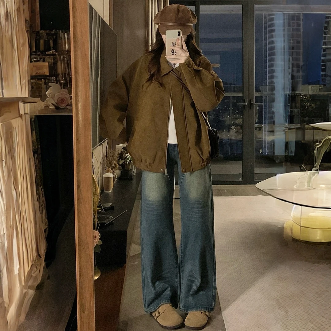 复古麂皮夹克女2025秋美式宽松翻领休闲百搭外套上衣高级舒适外衣