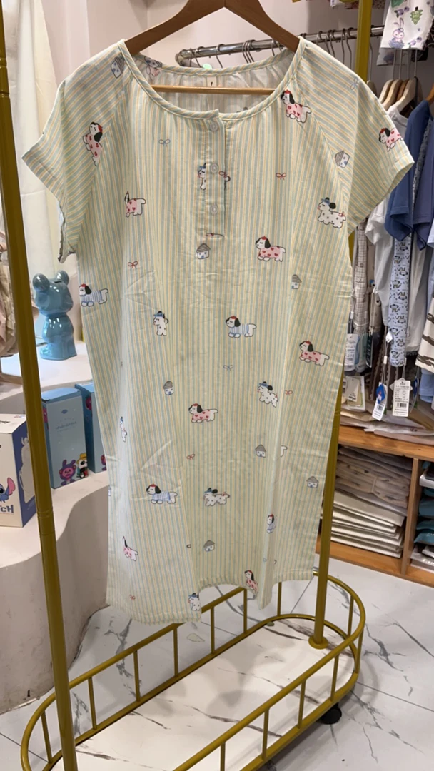 夏季棉麻卡通可爱短袖睡裙宽松舒适女士休闲睡衣