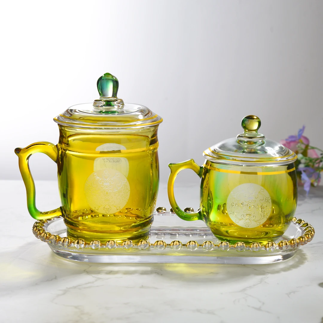 【金像】爆款翡翠琉璃水晶玻璃茶杯会议茶水杯茶饮盖杯耐热加厚透明