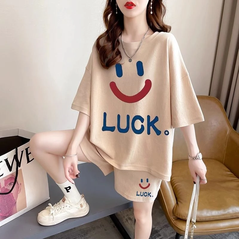 夏季大码时尚运动套装女2025新款韩版宽松休闲时尚短袖短裤两件套