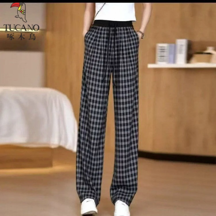 啄木鸟2025显瘦新款格子阔腿裤女大码休闲通勤透气宽松垂感高腰直