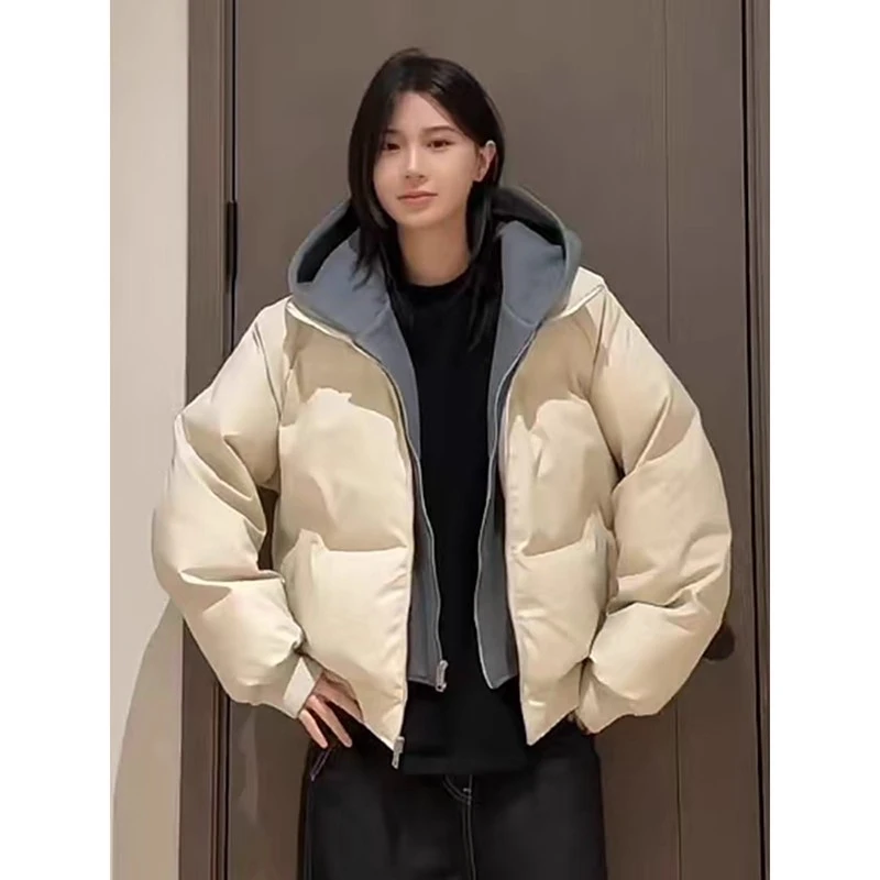 米白色cleanfit假两件羽绒棉服男款冬高街痞帅短宽boxy廓形面包服