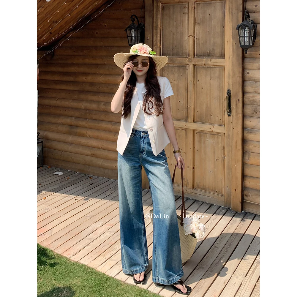 DUOXINIU/多喜牛/DaLin蓝牛色阔腿裤高腰牛仔裤垂坠时尚宽松裤子