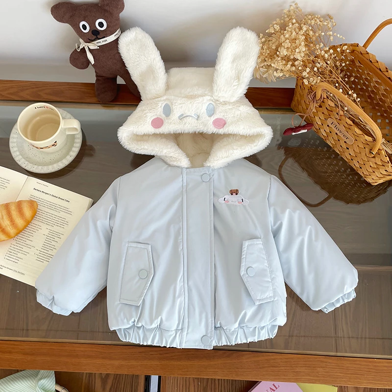 儿童加绒棉衣2025冬季新款卡通兔子加绒女童棉袄洋气连帽加厚