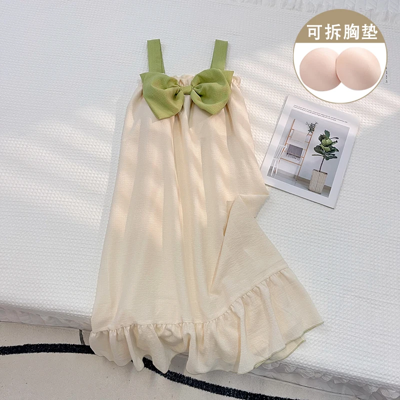 带胸垫吊带睡裙女夏季薄款可爱韩系绿色蝴蝶结学生休闲可外穿睡衣