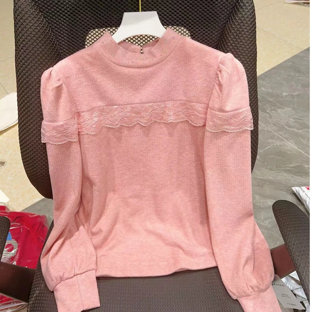 秋冬新款蕾丝拼接加绒打底衫显瘦气质百搭时尚加厚女上衣6022长54