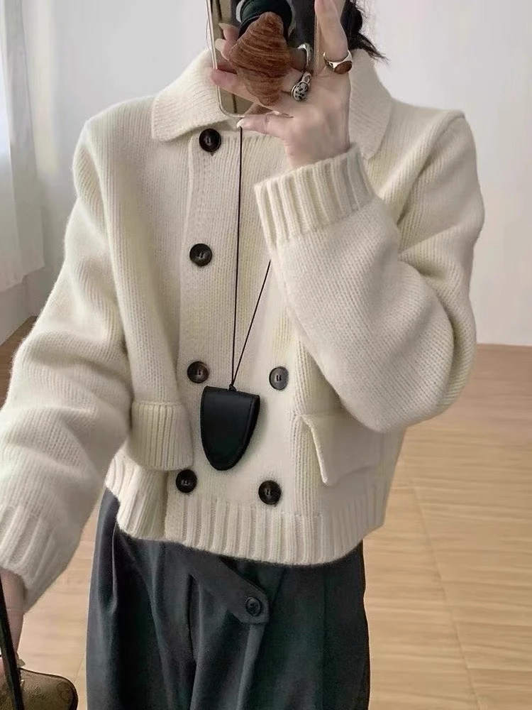 韩系简约风双排扣翻领外套女2025秋冬新款时尚百搭假口袋针织开衫