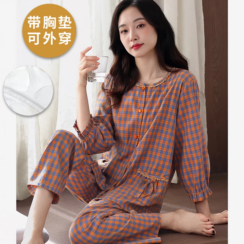 春秋季睡衣女2025新款韩版大码带胸垫宽松一体长袖长裤家居服套装
