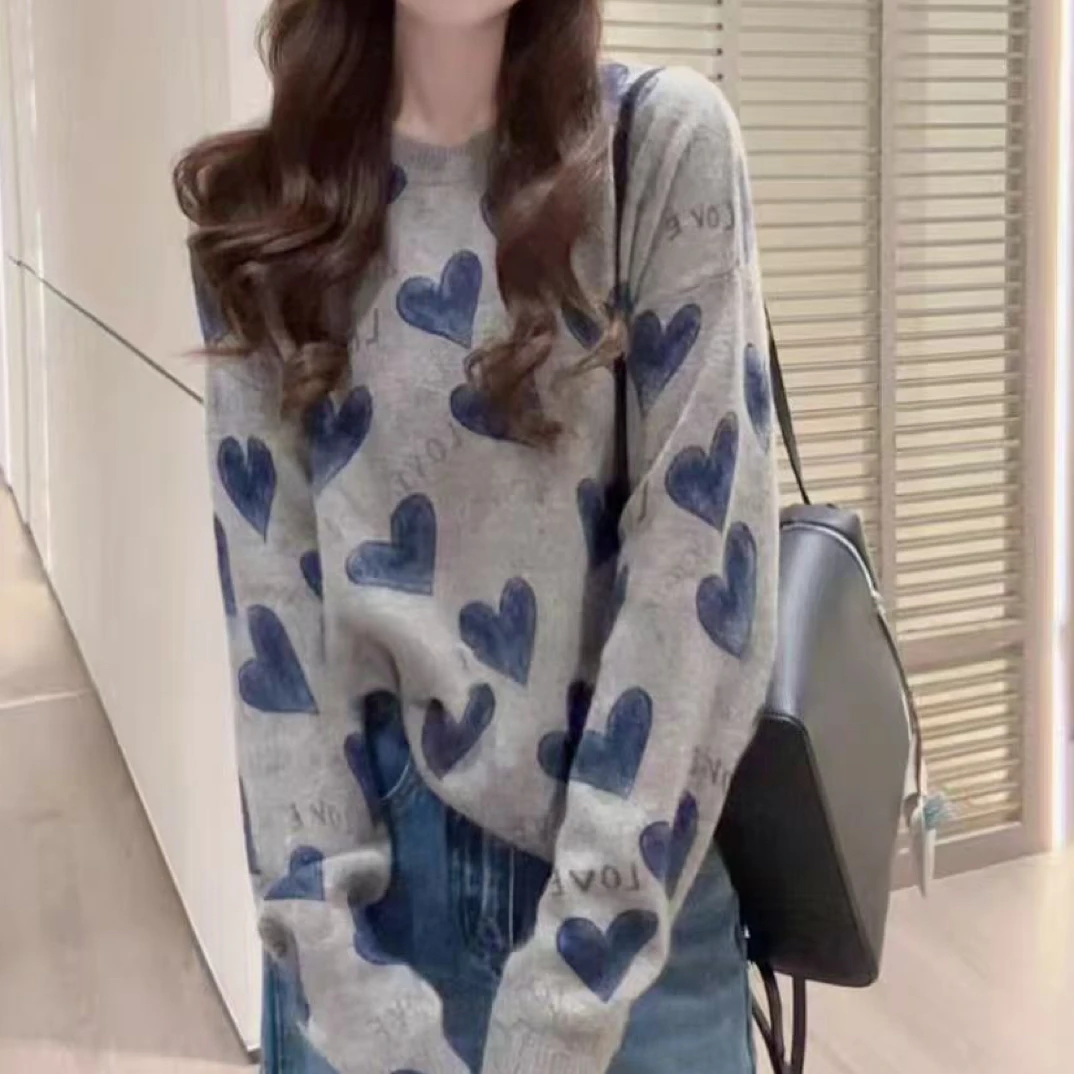 Moxie-220女士早秋韩系印花毛衣毛衣爱心女装套头扎染