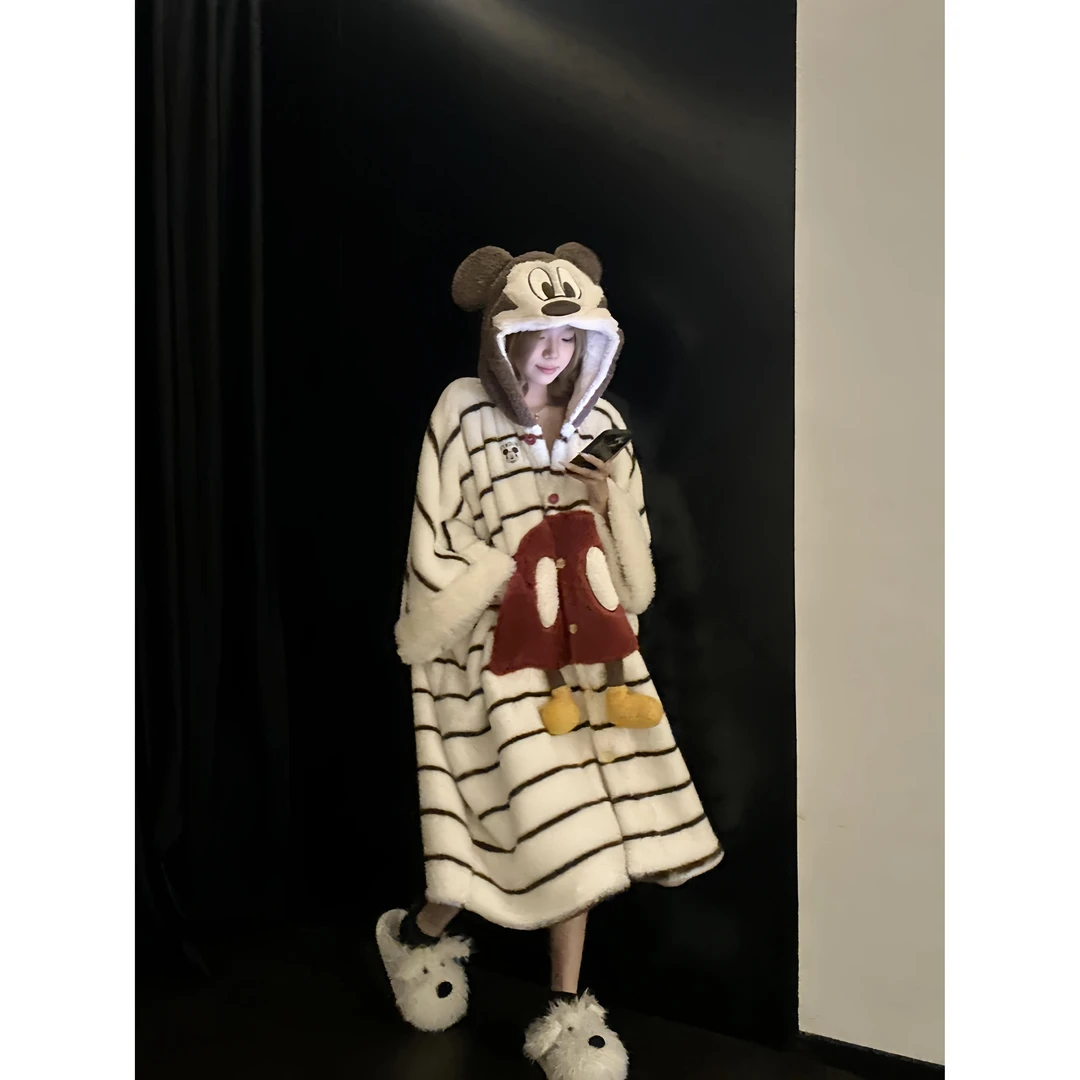 可爱米奇连帽睡袍珊瑚绒睡衣女秋冬加绒加厚保暖家居服可外穿外套
