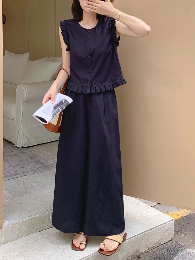 那简家8398夏季新款时尚无袖短上衣+阔腿裤两件套亚麻套装女欧货