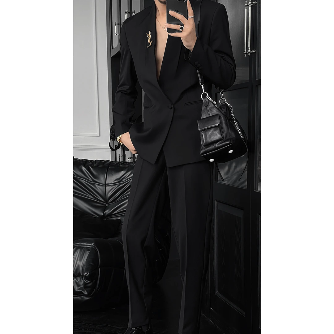 龙叨叨春夏新款潮流英伦风简约褶皱V领百搭廓形西服修身西裤套装