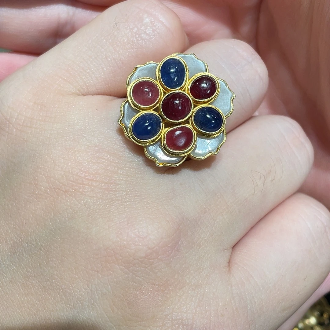 ****华和田玉银S925镀金镶嵌戒指