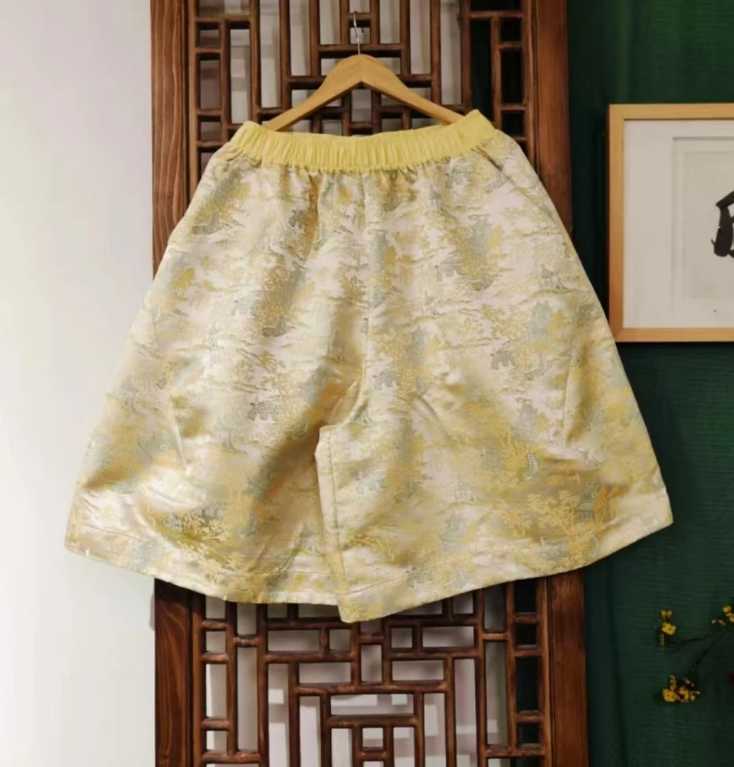 凤徕兮私人定制浅黄色小花暗纹全松紧六分裤   LK135-8    单