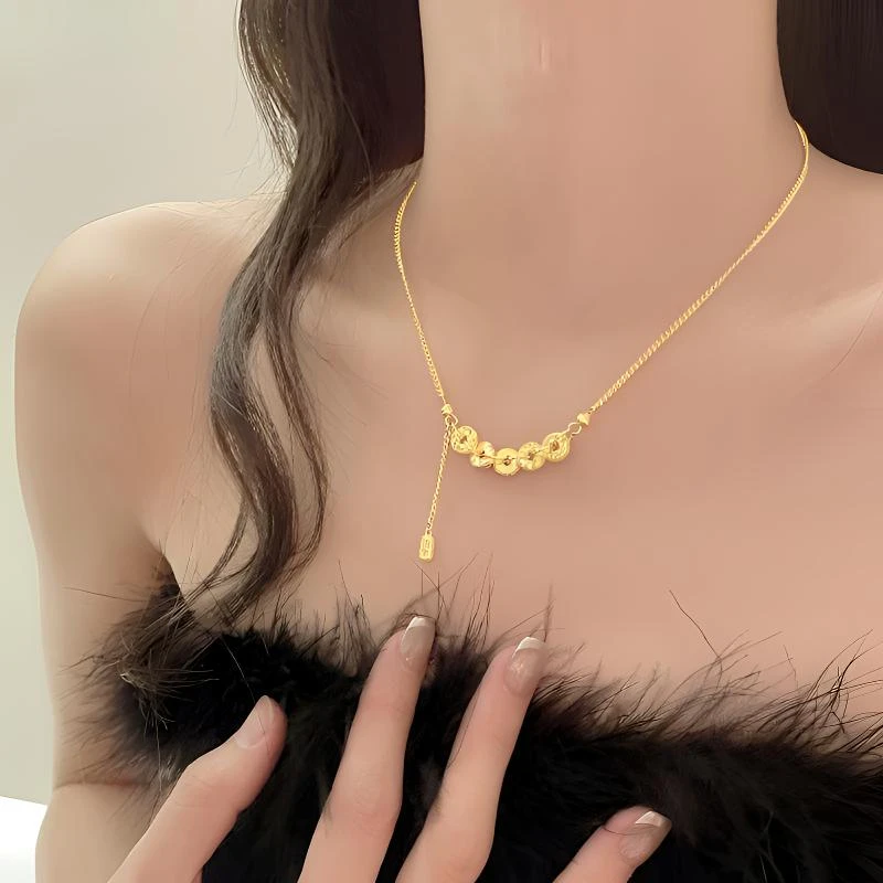 项链  高定精工经典黄色新中式碎碎冰五帝币铜钱项链复古轻奢颈链