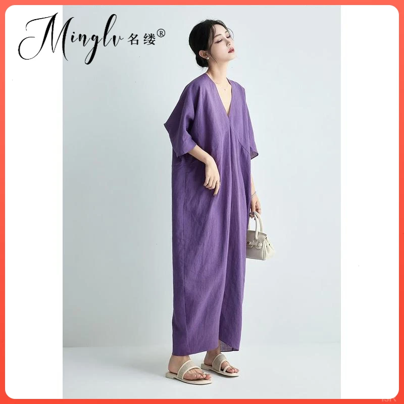 夏季短袖薰衣草百搭宽松连衣裙裙子女名缕女装紫色时尚茧型