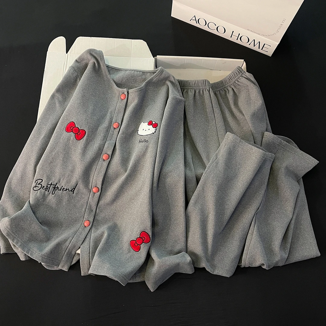 日系睡衣女秋冬季羊绒保暖灰色猫咪圆领开衫ins休闲风家居服套装