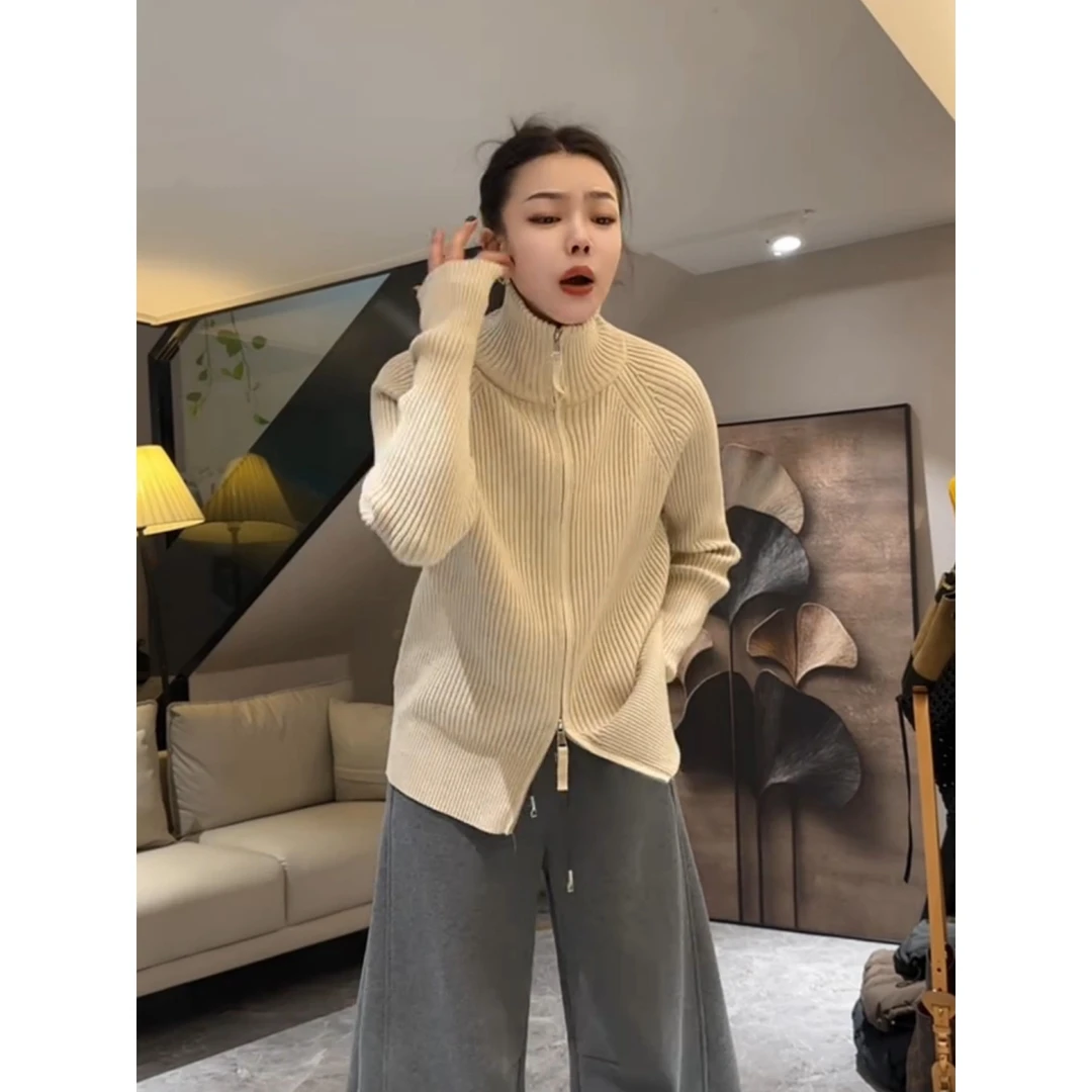 欧货高领慵懒风双拉链针织开衫毛衣女秋冬保暖显瘦气质简约上衣潮