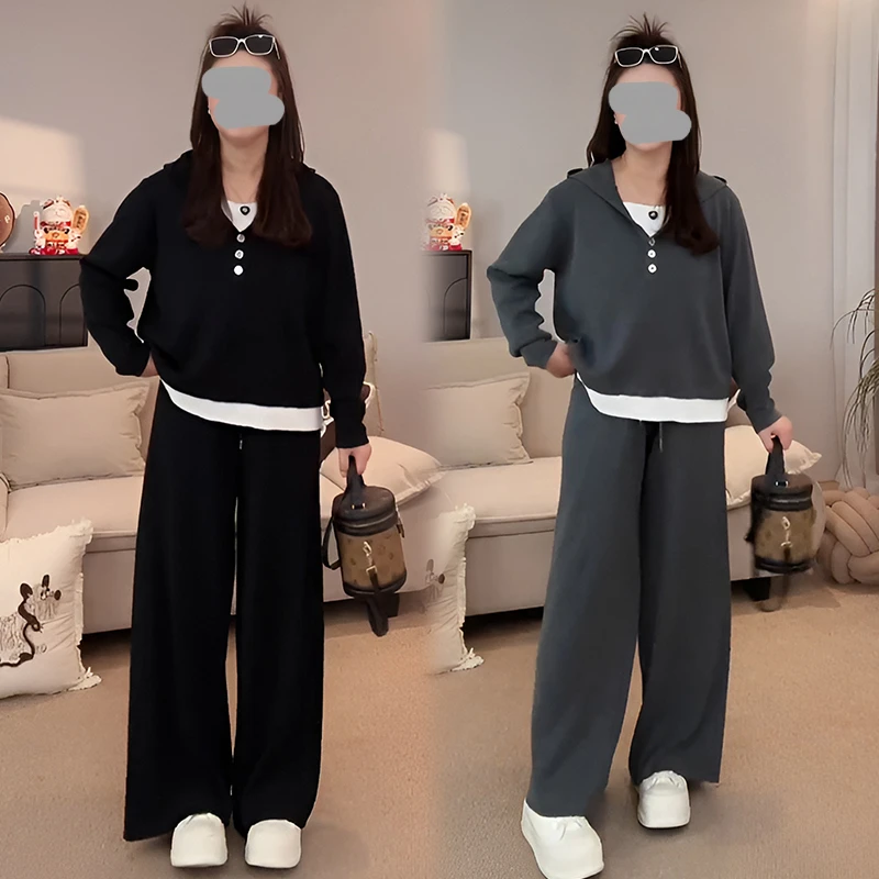 时尚连帽假两件上衣阔腿裤两件套2025新款休闲气质显瘦遮肉套装女