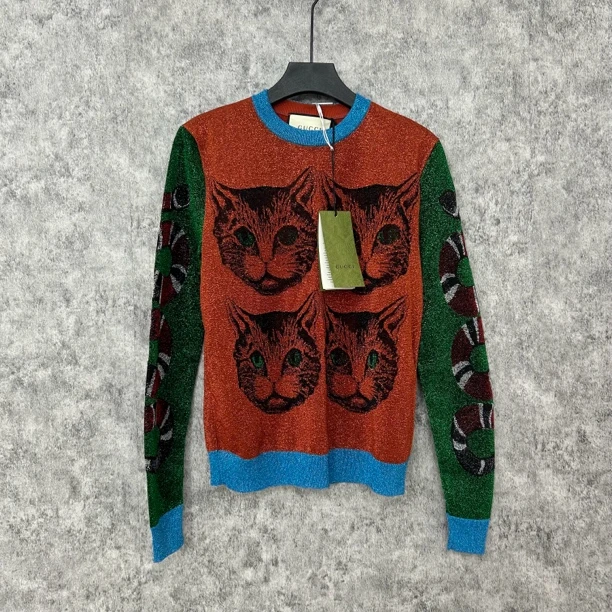 未使用 GUCCI/古驰 拼色细闪猫头圆领上衣